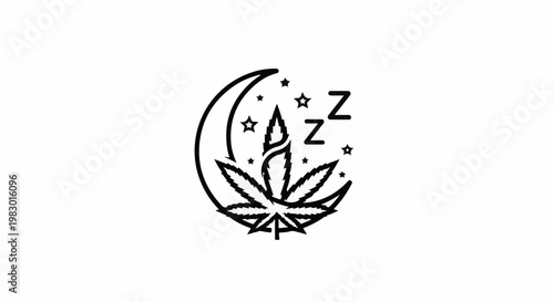 A cannabis leaf rests under a crescent moon with stars and sleep symbols
