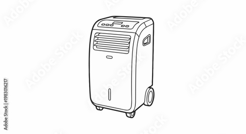 A line drawing of a portable air cooler with wheels and controls