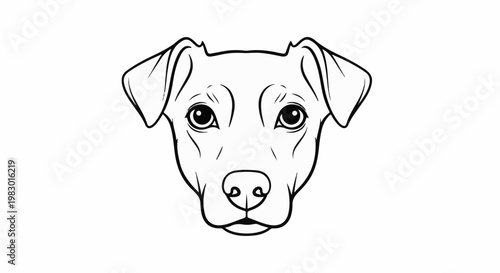 A line drawing of a dog's head, looking forward with large expressive eyes