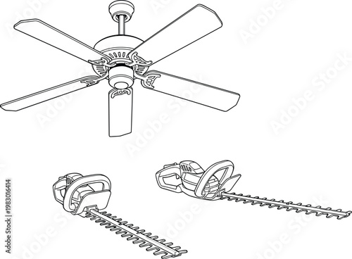 Ceiling Fan and Hedge Trimmer Line Art Set, Home Appliance and Garden Tool Illustration for Household and Maintenance Design
