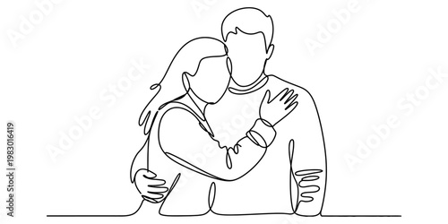A beautiful continuous line drawing of a loving couple embracing each other in a simple style