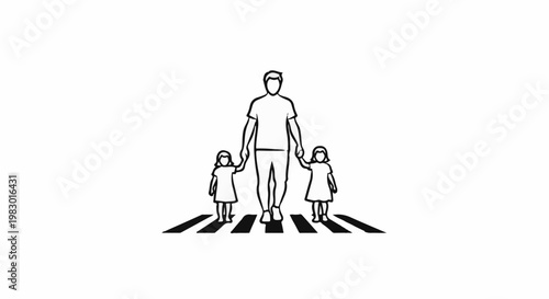 A person walks with two children holding hands across a crosswalk