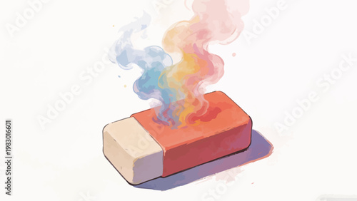 Watercolor Illustration of a Fading Eraser Releasing Dreamy Rainbow Smoke, Representing the Metaphor of Erasing Memories and Leaving Colorful Remnants