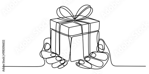 A single continuous line drawing of hands offering a wrapped gift box with a bow for celebration
