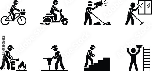 Vector illustration of work activity icons including delivery, construction, cleaning, firefighting and achievement in silhouette design
