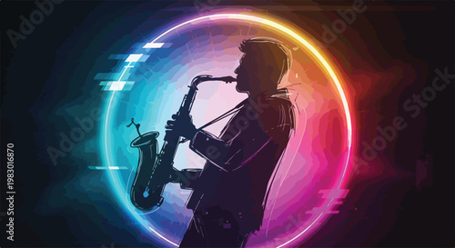 jazz musician silhouette with neon glow, dark background, colorful gradient lighting, Gen Z cyberpunk style, modern flat illustration