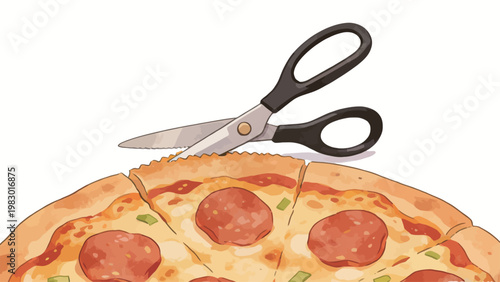 Watercolor Illustration of a Pair of Kitchen Scissors Cutting a Sliced Pepperoni Pizza Against a Plain White Background, Warm Toned Food Art