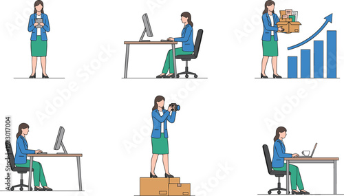 Vector illustration of businesswoman performing tasks including computer work, growth planning and vision in professional design