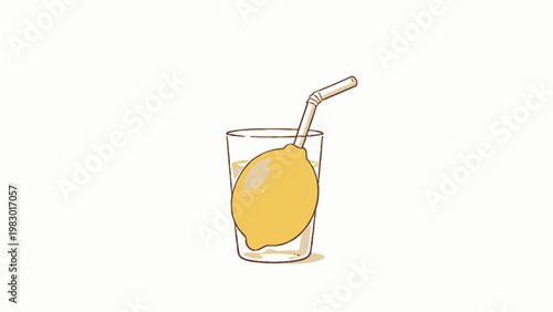 Minimalist Hand-Drawn Illustration of a Whole Lemon in a Short Glass of Lemonade With a Bendy Paper Straw, Soft Warm Tones on a Plain White Background