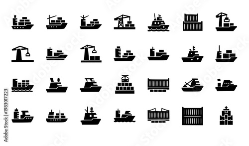 Maritime shipping icon set container ship cargo crane tugboat vector isolated on white background