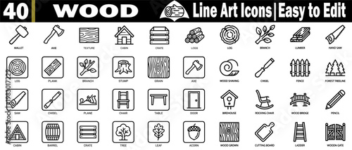 Wood line art icons. Frames including mallet, axe texture, cabin crate, logs, branch, lumber, hand saw plank, stump, grain wood shaving, chisel fence, bridge, and more vector illustrations.