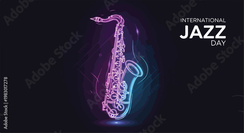 International Jazz Day poster vector, neon saxophone on dark background, glowing particles, vibrant gradient, futuristic style, copy space