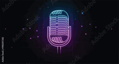 vintage microphone neon vector, glowing outline, dark background, cyberpunk style, vibrant purple blue gradient, clean composition