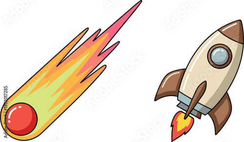 Cartoon Meteor and Rocket Launch Illustration, Space Objects for Astronomy, Exploration, and Sci Fi Design