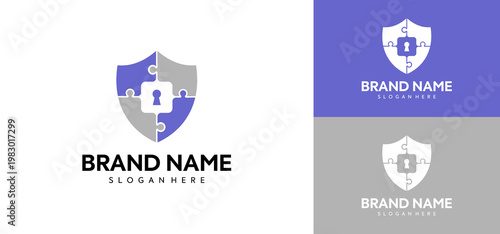 Logo design with shield and puzzle piece.