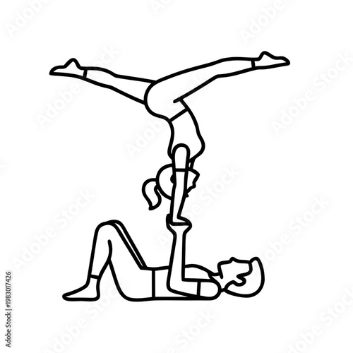 Two adults practicing acro yoga together in a balanced pose  