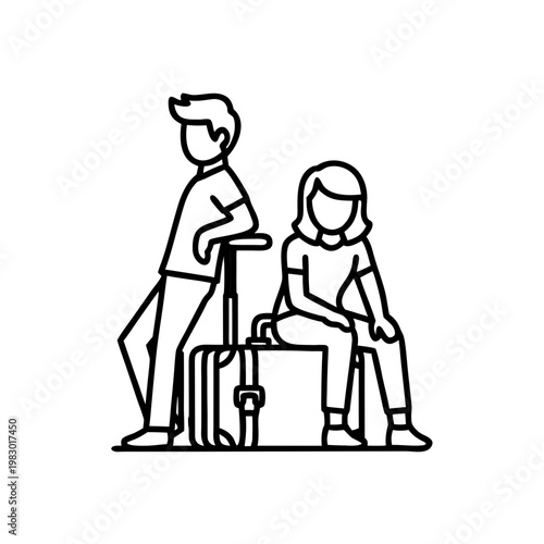 Two teenagers sitting beside a vintage suitcase in a simplistic style  