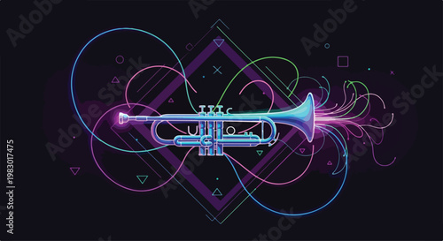 jazz music neon vector illustration, glowing trumpet with light trails, dark mode design, cyberpunk color palette, Gen Z aesthetic, high contrast, modern flat vector