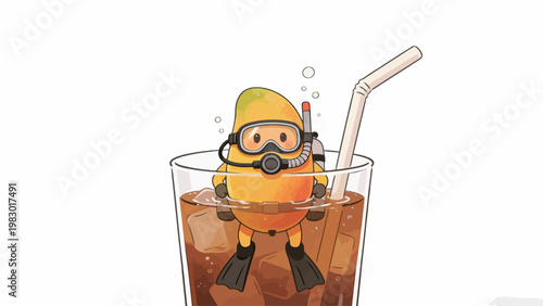 Cute Anthropomorphic Mango Diver in Scuba Gear Relaxing in an Iced Brown Drink Glass, Whimsical Cartoon Illustration of a Summer Adventure Concept