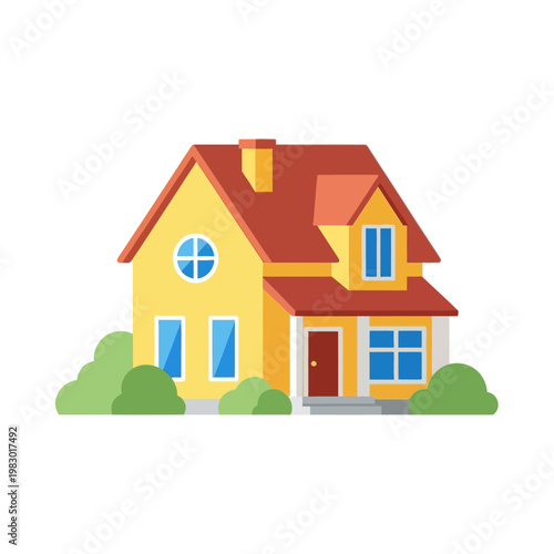 Bright yellow house with red roof and green bushes, concept of home ownership and real estate