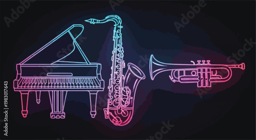 jazz instrument set vector, neon glowing saxophone piano trumpet, dark background, gradient glow effect, modern Gen Z design, premium stock vector