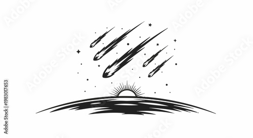 Black and white illustration of a sunburst rising over a jagged horizon with comets streaking overhead