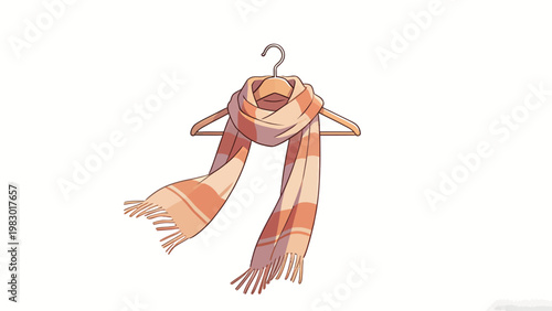 Warm Orange and Cream Striped Fringed Scarf Hanging on a Wooden Hanger, Isolated Cozy Winter Accessory Digital Illustration on a Plain White Background