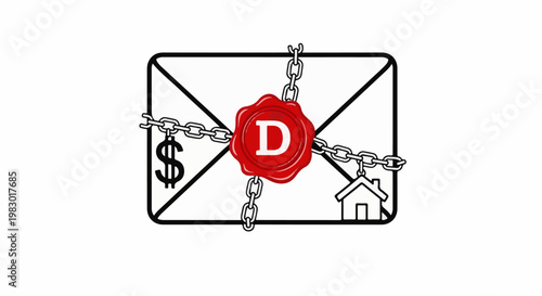 Chained envelope with wax seal, dollar sign, and house