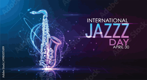 International Jazz Day poster vector, neon saxophone on dark background, glowing particles, vibrant gradient, futuristic style, copy space