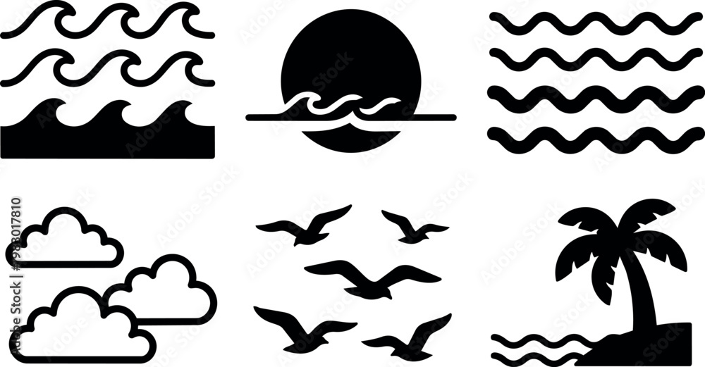 Fototapeta premium Black and white sea waves palm tree clouds and flying birds vector icons