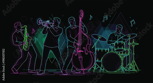 jazz band neon vector illustration, glowing silhouettes playing instruments, dark background, vibrant neon palette, modern Gen Z style