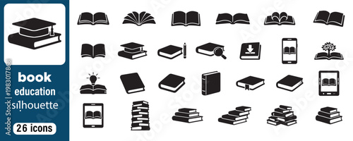 Book Silhouette Icons Set, Education Library Reading Collection, Open Closed Stack Books Vector