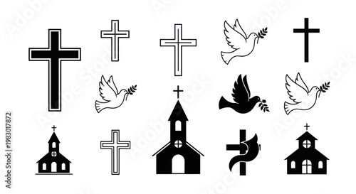 Christian Symbols: Crosses, Churches, and Doves with Olive Branch Icons