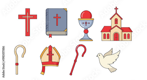 Christianity Symbols Set: Cross, Bible, Church, Dove, Clergy Items