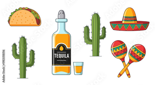 Mexican Fiesta Icon Set: Tequila, Taco, Cactus, Sombrero, Maracas