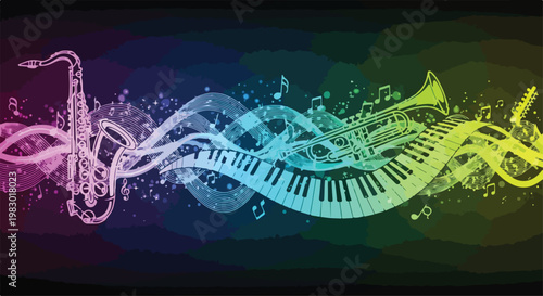 Vibrant musical instruments and notes merge in colorful design for International Jazz Day with a lively mood