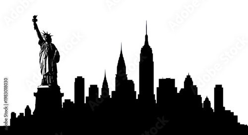 New York City Skyline Silhouette with Statue of Liberty