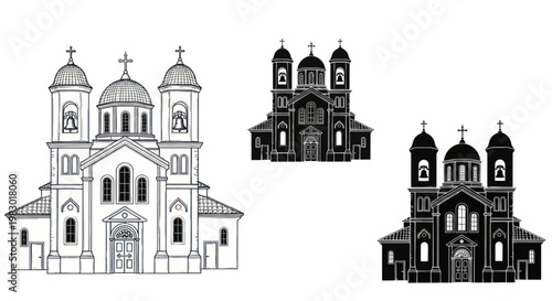 Ornate Church Architecture: Line Art and Silhouettes