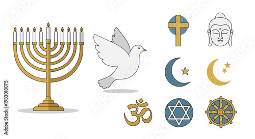 Religious Symbols Collection: Christianity, Judaism, Islam, Buddhism, Hinduism, Peace