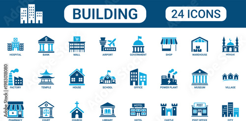 Building Flat Icon Set with Hospital Bank Mall Airport Government Shop Warehouse Mosque Factory Temple House School Office Power Plant Library Hotel City Map Location Vector Collection