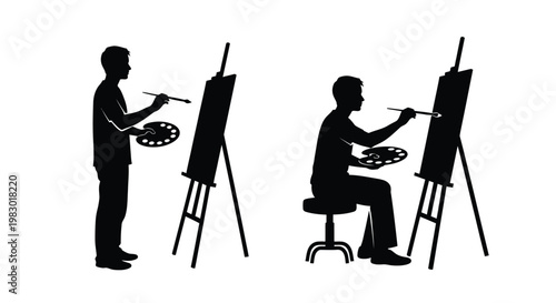 Two artists painting at easels a striking black silhouette on transparent background