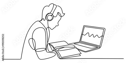 A continuous line drawing of a focused student wearing headphones while studying with a laptop.