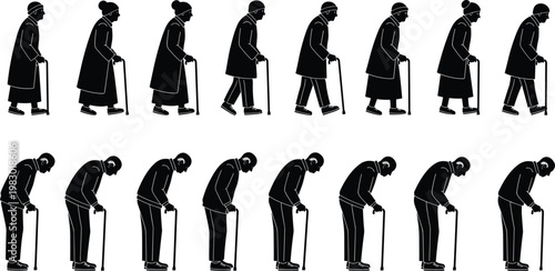 Vector illustration of elderly people silhouettes walking with canes in sequence design symbolizing aging and mobility