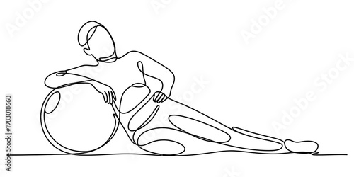 Minimalist continuous line drawing of a person resting comfortably against a large exercise ball
