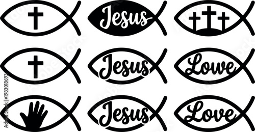 Black and white christian ichthys fish symbols with crosses hands and scripture words jesus love vector art