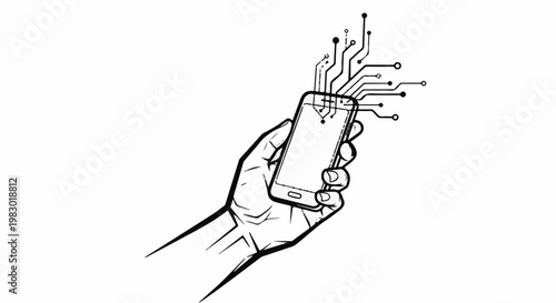 Hand holding smartphone with digital circuits extending outward