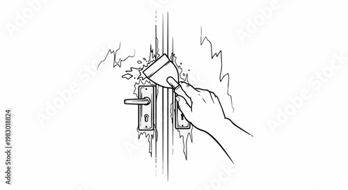 Hand scrapes old paint off door handle and frame