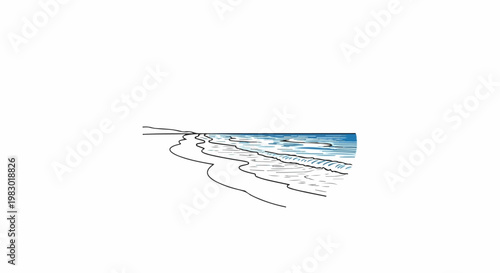 Illustration of a gentle ocean wave rolling onto a sandy shore under a clear sky