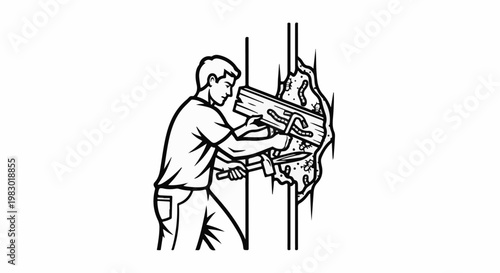 Man inspecting damaged wood infested with insects and using tools