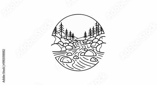 Minimalist line art depicts a rocky stream flowing through a forest in a circular frame